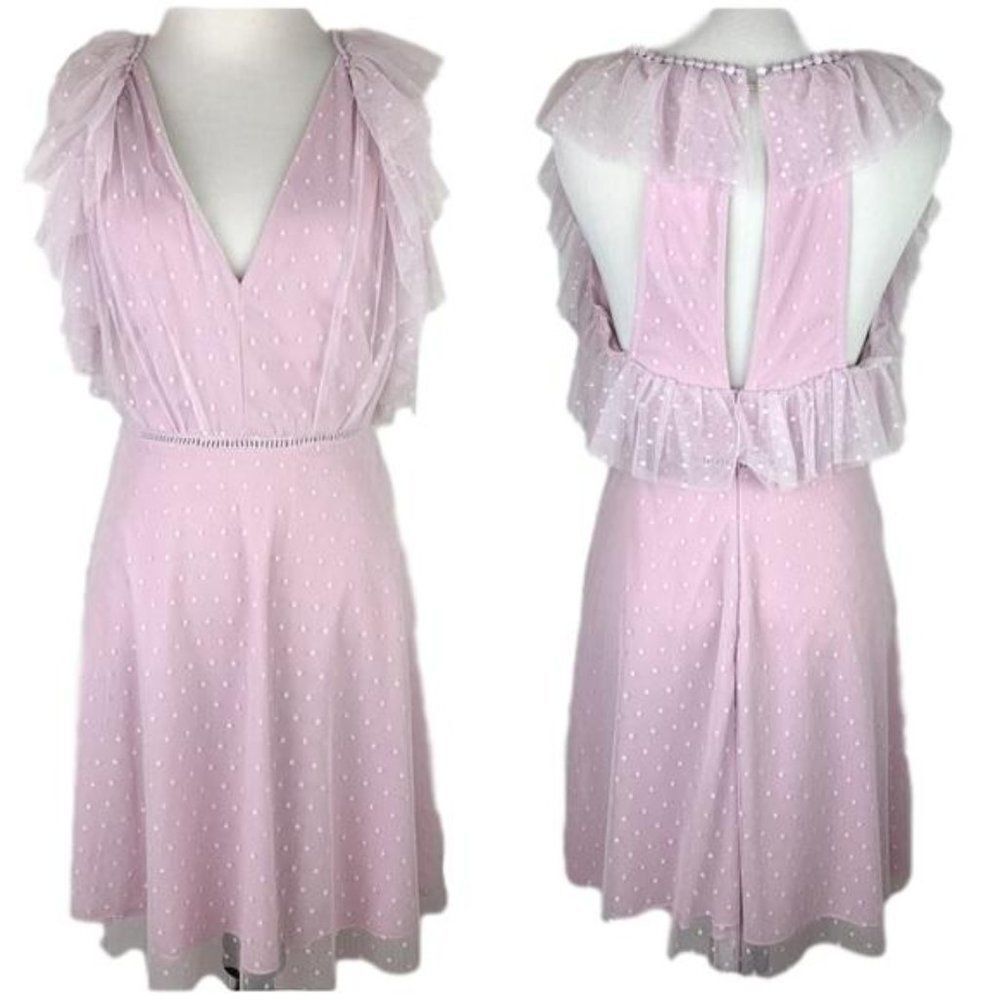 Gianni Bini Tulle Overlay Dress ~ Plunge V-Neck ~ Ruffle Trim ~ Open Back ~ NEW - Picture 1 of 6